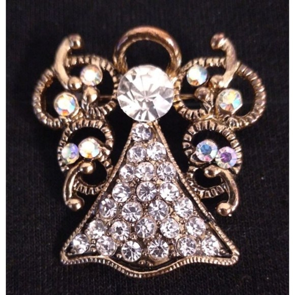 Vintage Gold Silver Toned Rhinestones Angel Guardian Pin Brooch - Picture 3 of 7